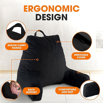 Cheer Collection Reading Pillow with Arms – Portable Bed Pillow for Sitting Up & Support, Hollow Fiber-Filled Back Rest Pillow for Sitting in Bed & Couch, Machine Washable, Black