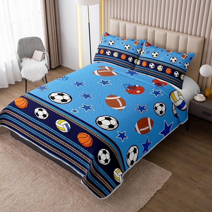 QOOMO Sports Quilt Set King Size,Basketball Bedspread Coverlet Set,Baseball 3Pcs Bedding Set Printed Quilt with 2 Pillowcases,Soft and Lightweight,for All Seasons