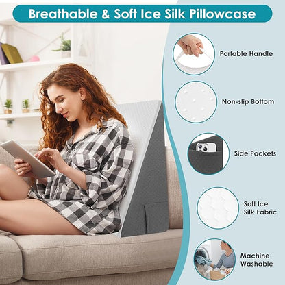 12 inch Bed Wedge Pillow for Sleeping, Reading & Resting, Cooling Memory Foam Incline Pillow Wedge for Adults Seniors, Ideal for Couch, Bedroom & Living Room, Removable Washable Cover