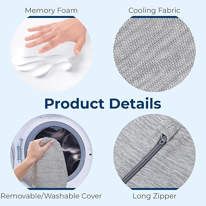 5 STARS UNITED Knee Pillow for Back Sleeping – Cooling Cover - Memory Foam Cushion for Sciatica Pain Relief – Under Leg Support for Sleeping on Back – Large Half Moon Bolster for Bed, Arctic Gray