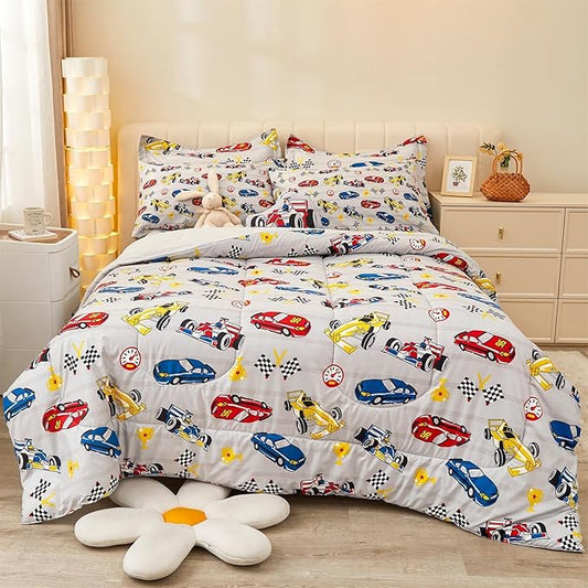 Mooreeke Twin Size Comforter Sets for Boys Kids, 6 Pieces Bed in a Bag Racing Car Bedding Comforter Sheet Set with Shams and Decorative Toy Pillow, Ultral Soft Microfiber Kids Bed Set