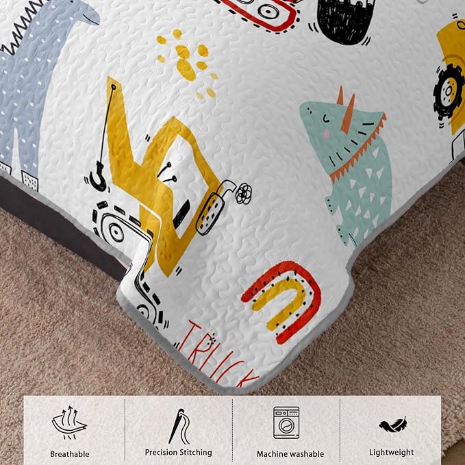 AILONEN Cartoon Dinosaur Quilt Set King Size, 3-Piece Dino & Construction Excavator Bedspread Coverlet Set,Soft Microfiber with 2 Pillowcases for Kids Girls
