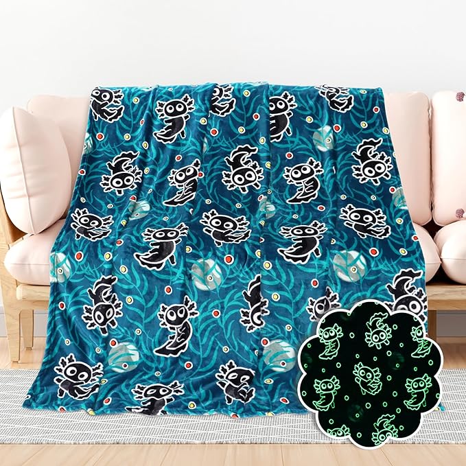 BORORO Glow in The Dark Axolotl Blanket - Black Axolotl Gifts Toys for Kids Boys Ages 3-12 Years Old Birthday, Lightweight Blue Soft Salamander Throw Blanket for Bed Couch Bedroom Decor 50x60 inches