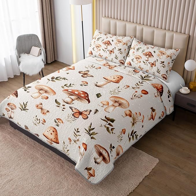Mushroom Bedding Quilt Set for Kids Teens and Adults Room Decor,Natural Wild Fungus Plant Pattern Bedding Full Size,Soft and Breathable Summer Quilts with 2 Pillowcases.