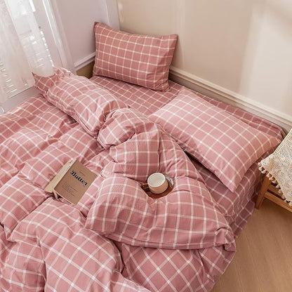 BuLuTu Pink White Plaid Duvet Cover Full 100% Washed Cotton Comforter Cover Set Modern Buffalo Plaid Bedding Set for Kids, Grid Gingham Duvet Cover and 2 Pillowcases for All Seasons