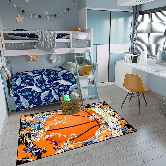 Basketball Rug for Boys Bedroom - Sports Rug for Boys Bedroom Kids Carpet, Basketball Carpet for Playroom Living Room Floor Mats Indoor Outdoor, 3x5 Feet