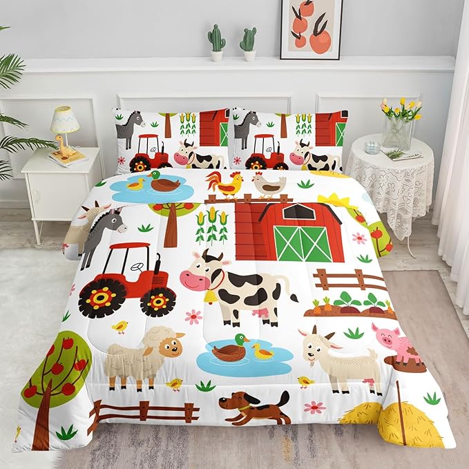 Kids Comforter Set Farm Theme Printed Pattern Bedding Set with 1 Comforter and 2 Pillowcases for Girls Boys Bedroom All Season(Farm Theme01 Full)
