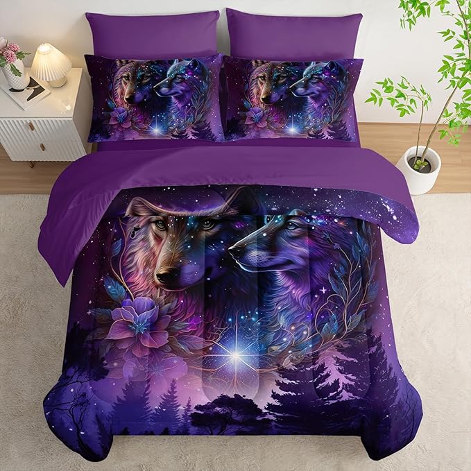 Wolf Comforter Set 7 Piece Twin Size Bed in A Bag,Animal Bedding for Room Decor,Soft Purple Wolf Comforter Rose Bedding with Fitted Sheet,Flat Sheet, Pillowcases & Shams