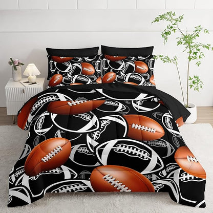 Cartoon Rugby Comforter Set 7Pcs Sports Brown Rugby American Football Bedding Set for Kid Teen Girl Boy Black White Rugby Quilt Bed Decor Twin with 2 Sheets,2 Pillowcases,2 Throw Pillow Covers