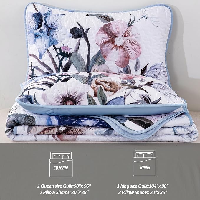 Floral Quilt Set King 3 Pieces Light Blue Floral Quilt Coverlet Set Soft Microfiber Lightweight Light Blue Quilted Bedspread for All Season 104"x90"