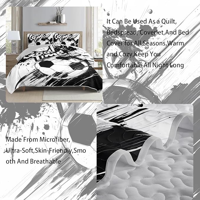 AILONEN Kids Soccer Quilt Set Queen Size,Graffiti Football Black White Bedspread Coverlet for Boys Girls,Sports Soccer Ball Game Quilt & 2 Pillowcases,3-Piece