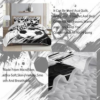 AILONEN Kids Soccer Quilt Set King Size,Graffiti Football Black White Bedspread Coverlet for Boys Girls,Sports Soccer Ball Game Quilt & 2 Pillowcases,3-Piece