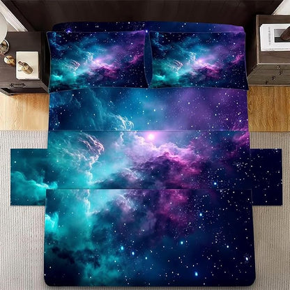 Blue Galaxy Sheet Set Twin: Space Bedding Set for Kids Teens Girls Boys Cloud Starry Sky Bedroom Bed - 1 Flat Sheet, 1 Fitted Sheet, 1 Pillowcase