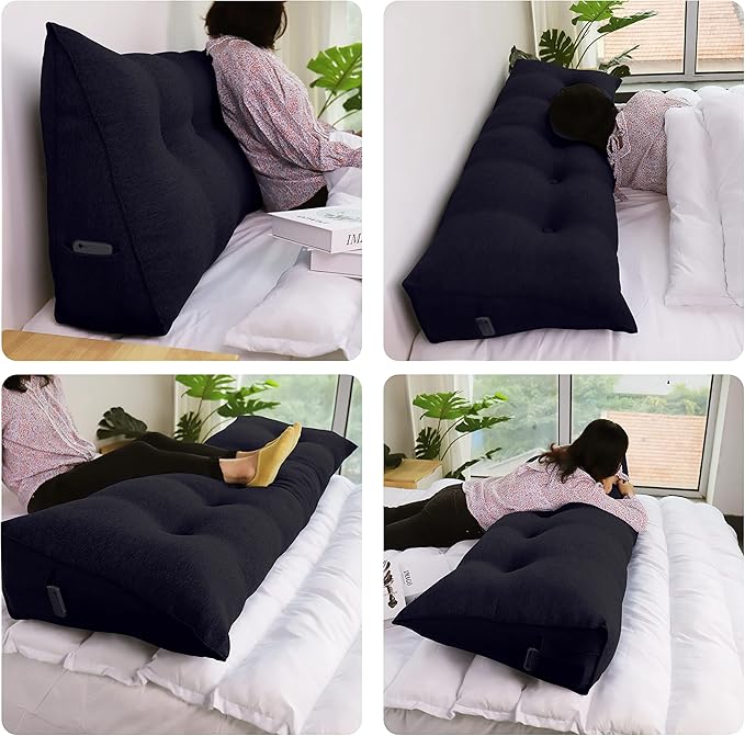 Wedge Pillows Headboard Reading Pillow Backrest Pillows for Sitting Up in Bed Rest Large Triangle Bolster Cushion Cotton Linen Daybed Pillow Lumbar Support Leg Positioning（Darkgray, Queen）