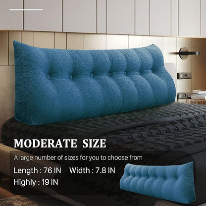Wedge Headboard Pillow Dorm Room Reading Pillow Back Support for Sitting Up in Bed Bolster Lumbar Cushion Body Positioning Bedrest Cotton Linen 76in Blue King