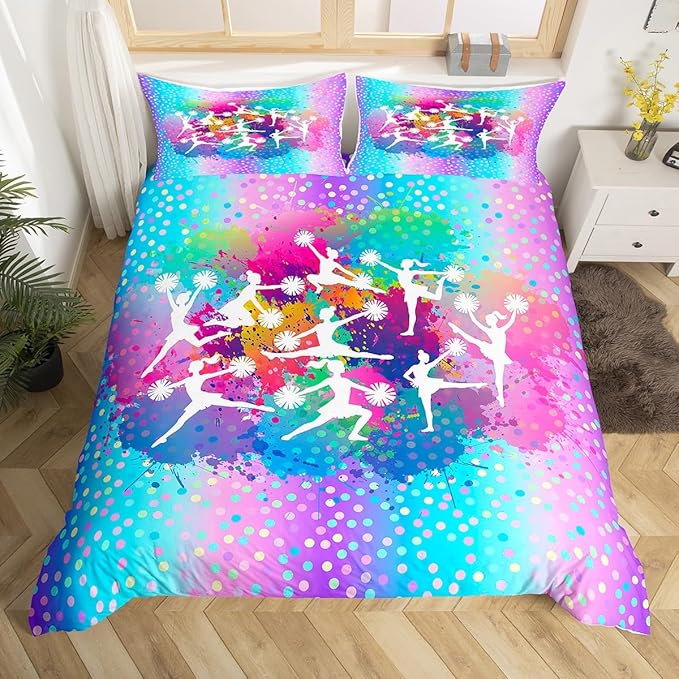 Cheerleading Girls Duvet Cover King Size,Gymnastics Dancing Lovers Bedding Set for Kids Teens Woman Room Decor,Rainbow Watercolor Graffiti Dots Comforter Cover Modern Fashion Quilt Cover 3pcs