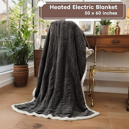 Electric Heated Blanket Throw Size - 50"x60", Soft Flannel Heating Blanket, 4 Heating Levels, 3 H Auto Shut Off, Breathable Warm and Washable for Sofa, Dark Grey