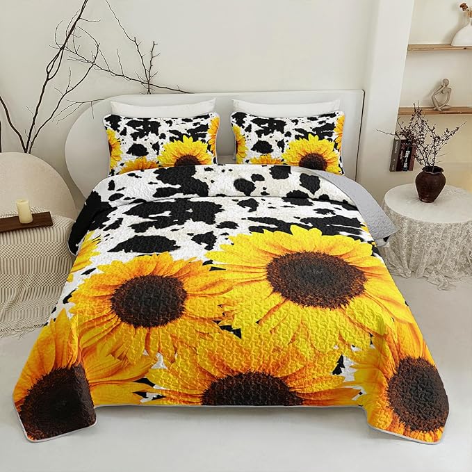 QOOMO Sunflower Quilt Set Twin Size,Cow Print Bedspread Coverlet Set,Animal Print 3Pcs Bedding Set Printed Quilt with 2 Pillowcases,Soft and Lightweight,for All Seasons
