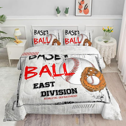 Baseball Theme Comforter Set Boys Baseball Sports White Series Comforter Sets Quilt with 1 Comforter and 2 Pillowcases for Kids Boys Bedroom All Season（Basketball-4 Full）