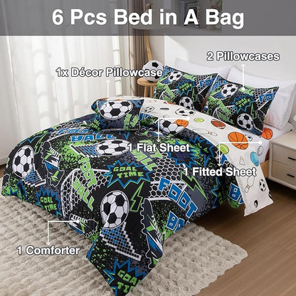 A Nice Night Boys Football Field Comforter Set 6-Piece Bed-in-a-Bag, Twin Size Football Entering The Door Printed Bedding Collections for Kids, Durable & Easy Care, Sports Theme Design for Boys