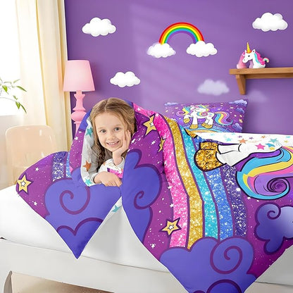 Feelyou Unicorn Bedding Queen Bed Sets for Girls Purple Cute Unicorn Comforter for Girls Comforter Set Star Print Kawaii Duvet Quilt Bedroom Decor Rainbow Bedding Cartoon Quilt,All Season