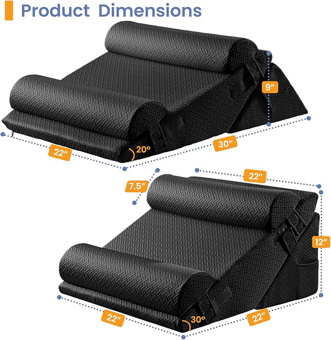 Sasttie Wedge Pillow Set for After Surgery, 3PCS Adjustable Bed Wedge Pillow Headboard with Memory Foam Neck Cushion – for Acid Reflux, Sleeping, Neck & Back Support, Black