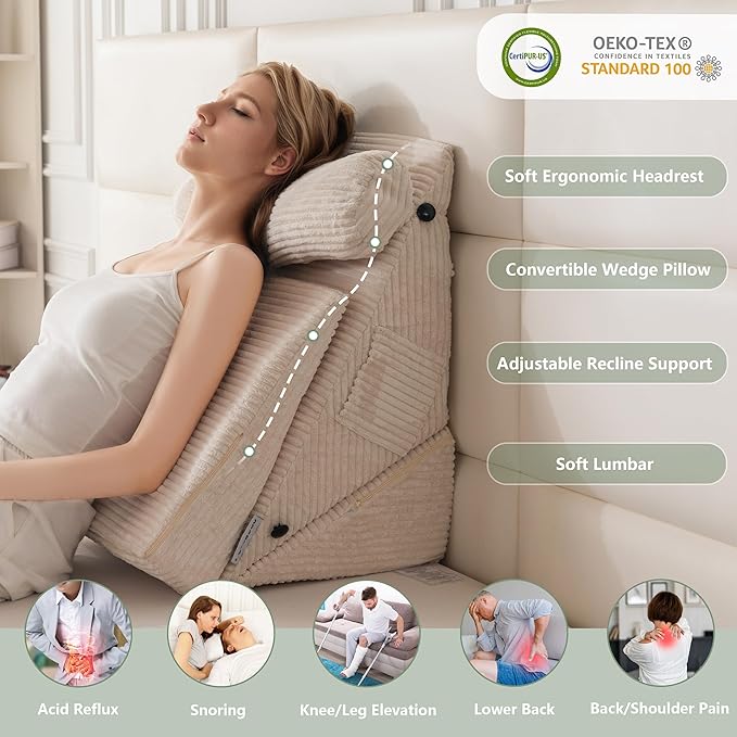HIGOGOGO 10PCS Orthopedic Bed Wedge Pillow Set – Adjustable Soft Foam Body Positioners for After Surgery Recovery, Back & Leg Pain Relief, Sitting Up in Bed, Acid Reflux & GERD, Beige