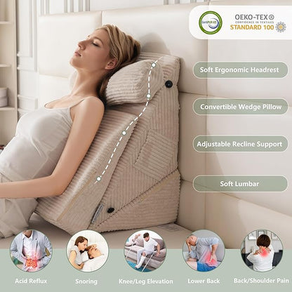HIGOGOGO 10PCS Orthopedic Bed Wedge Pillow Set – Adjustable Soft Foam Body Positioners for After Surgery Recovery, Back & Leg Pain Relief, Sitting Up in Bed, Acid Reflux & GERD, Beige