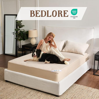 BEDLORE Queen Size Mattress Protector, Waterproof Noiseless Mattress Cover with Stretchable Pockets for 6-15 inches Mattress, Soft Breathable Mattress Pad for College Dorm (Beige)