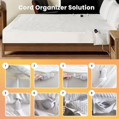 Electric Heated Mattress Pad Twin Size Single Control Bed Warmer, Deep Pocket, Side Storage Pouch for Controller, Machine Washable, Waffle Jacquard, 39"x75", White