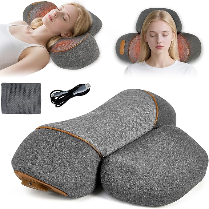3-in-1 Neck Massager Pillow with Heating & Cervical Traction, Ergonomic Cervical Pillow for Neck Back Shoulder Pain Relief,Cervical Traction Suppor (Brown)