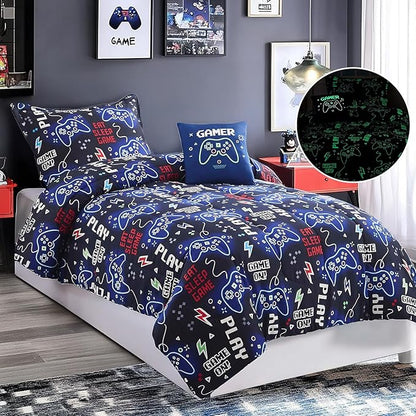 Full Size Comforter Set for Boys-4 Pieces Gamer Glow in The Dark Full Bedding Sets for Kids, 1 Comforter, 2 Shams and 1 Decor Pillow