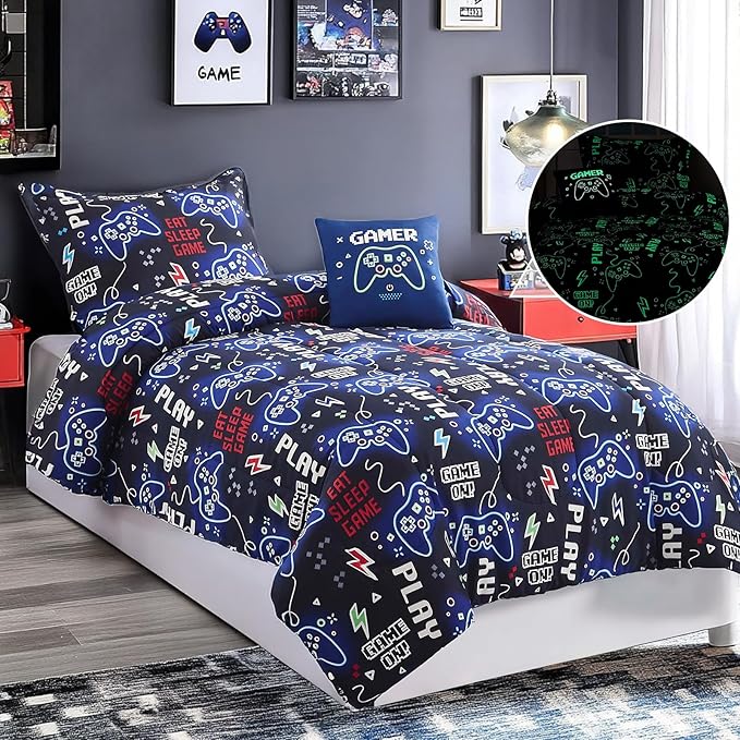 Twin Comforter Set for Boys-3 Pieces Gamer Glow in The Dark Twin Bedding Sets for Kids,1 Comforter,1 Sham and 1 Decor Pillow