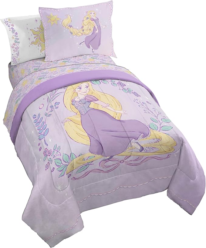 Jay Franco Kids Comforter Set Includes Sheets and Pillow Covers - Soft and Cozy Bed Set for Stylish Room Decor, Purple - Disney Princess Rapunzel, 5 Piece Twin Size Bedding