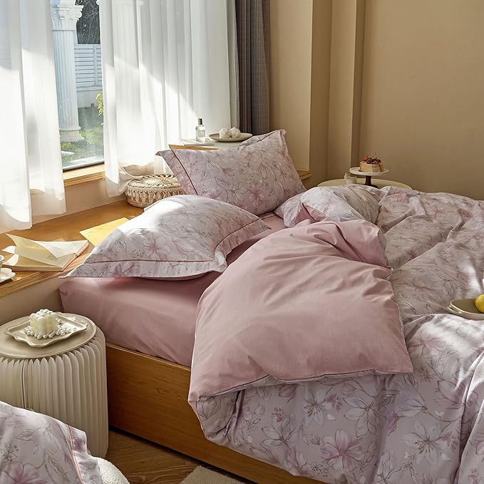 AOJIM Pink Floral Printed Duvet Cover Set for Kids Adults, Soft 100% Cotton Comforter Cover Set 3pcs, 1 Aesthetic Gardenia Quilt Cover King Size and 2 Matching Pillowcases for Room Decor, No Quilt