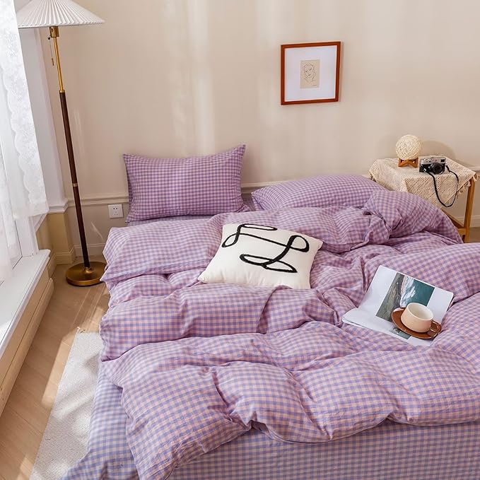 BuLuTu Purple Check Duvet Cover Set Full Cotton Soft Breathable Bedding Duvet Cover for Kids Boys Buffalo Plaid Purple Comforter Cover Set 【 3Pcs -1 Full Duvet Cover Set + 2 Pillowcases】