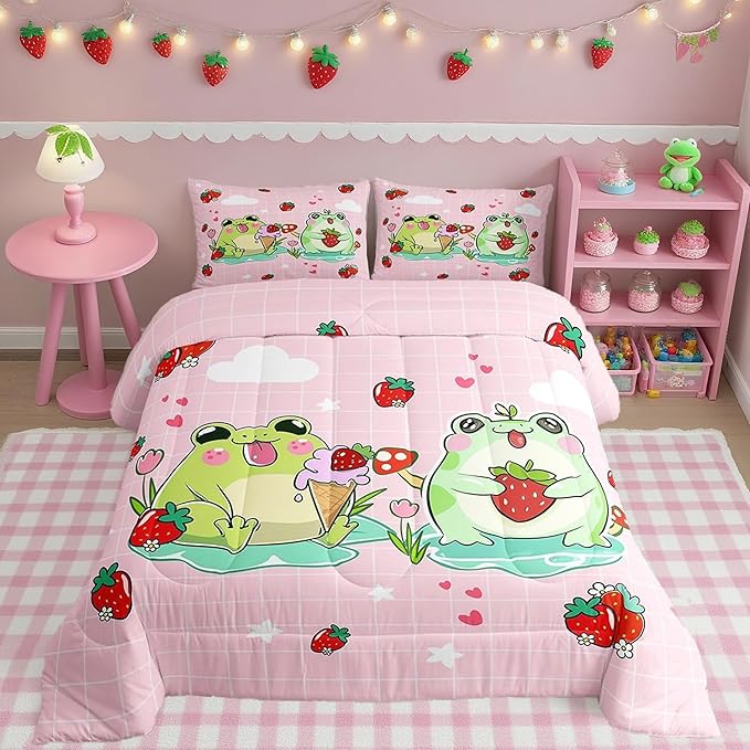Cartoon Frog Comforter Set Twin Size Red Mushroom Strawberry Bedding Bedroom Decor Cute Stars Cloud Pink Grid Quilt Kawaii Animals Plants Duvet Insert 2pcs (ZZRS2949ZMD-BZ_USt)