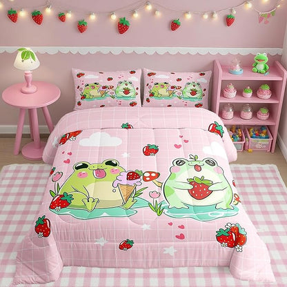 Cartoon Frog Comforter Set King Size Red Mushroom Strawberry Bedding Set for Kids Girls Boys Teens Bedroom Decor Cute Stars Cloud Pink Grid Quilt Set Kawaii Animals Plants Duvet Insert 3Pcs