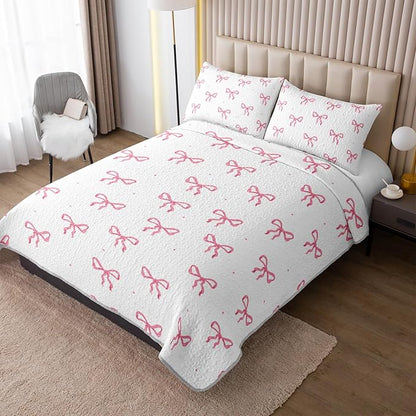 QOOMO Pink Bow Quilt Set King Size,Bowknot Bedspread Coverlet Set,Pink 3Pcs Bedding Set Printed Quilt with 2 Pillowcases,Soft and Lightweight,for All Seasons