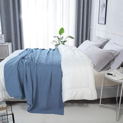 HILLFAIR 100% Combed Cotton Blanket– King Size Bed Blankets– Warm Soft All Season Breathable Lightweight Summer Blankets– Waffle Weave Home Decor Bed Blanket- Blue King Bed Cotton Blankets/Bedcovers