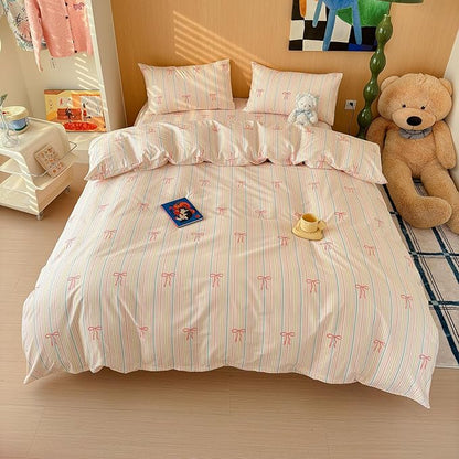 AOJIM Pink Bow Duvet Cover Set 3PCS for Girls Boys, 1 Soft Breathable Cotton Comforter Cover Twin XL Size and 2 Matching Pillowcases, Rainbow Striped Bedding Duvet Cover Set for Room Decor, No Duvet