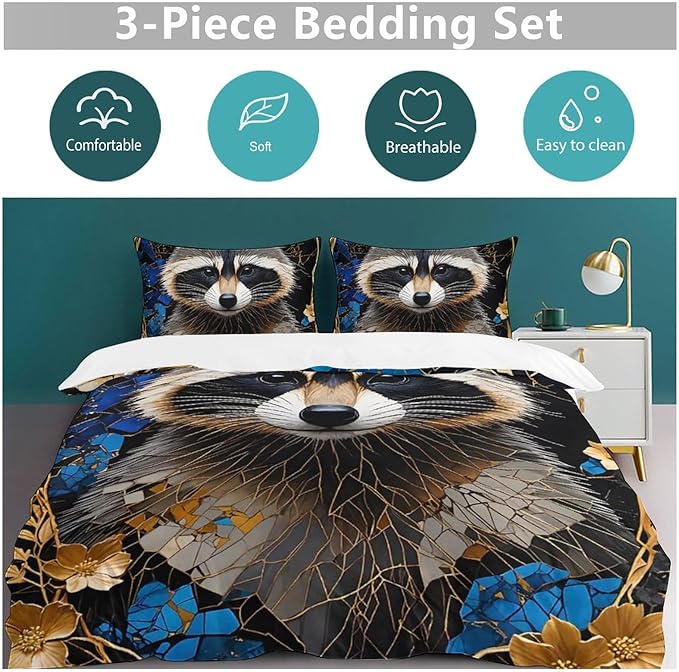 Queen Duvet Cover,Cute Brown Raccoon 3 Pcs Bedding,for Kids and Adults,for Bedroom Bed Decor,Lovely Animal Themecomforter Cover with 2 Pillowcases (Queen (U.S. Standard))