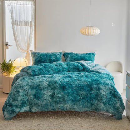 Wajade Faux Fur Plush White Comforter Set Fluffy Fuzzy Shaggy Bedding Set - 3PC Full/Queen Microfiber Soft Warm Quilt Set (Tie Dye Teal, King)