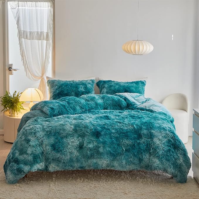 Wajade Faux Fur Plush Tie Dye Teal Comforter Set Fluffy Fuzzy Shaggy Bedding Set - 3PC Full Size Microfiber Soft Warm Quilt Set