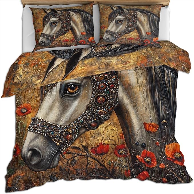 Horse Duvet Cover California King, Ancient Warhorses Bedding Set Bedroom Decor Red Poppy and Horse Comforter Cover and 2 Pillow Sham with Zipper Closure