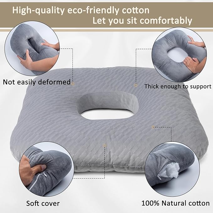 Donut Pillow for Tailbone Pain Relief, Wheelchair Cushion for Hemorrhoids and Bed Sores, Pregnancy, Cotton Pillow Suitable for Office, Long Travel, Car and Home Sofa (Gray-Diagonal Grid)