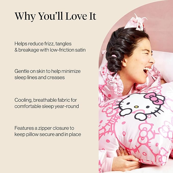 Kitsch x Hello Kitty Pillow Case – Pink Kitty Faces Toddler Bed Time Satin Pillowcase with Zipper – Soft Cooling Pillow Cover for Hair & Skin – Better Than Silk Pillowcase – Queen/Standard 19x26