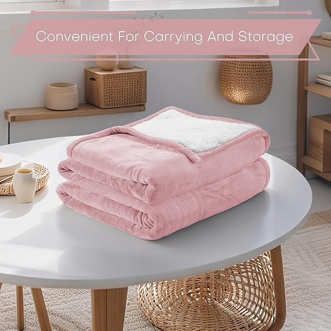 Electric Heated Blanket Twin Size 62"x84" - Flannel & Sherpa Fabric Dual-Sided, 6 Heat Settings & 10 Hours Auto Off, Soft & Cozy Warming Throw for Home, Office, or Bed, Machine Washable, Light Pink