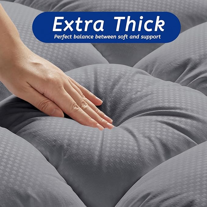 Full XL Mattress Topper for Back Pain, Cooling Extra Thick Mattress Pad Cover with 8-21 inch Deep Pocket, Plush Pillow Top Mattress Topper Overfilled with Down Alternative, Full Extra Long, Dark Grey