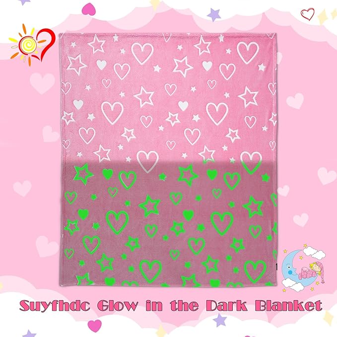 Glow in The Dark Blanket for Mothers Day - Soft Warm Furry Throw Gift for Mom, Cozy Heart Blanket Indoor Outdoor Camping Bedding, Pink Heart 50x60 Inches